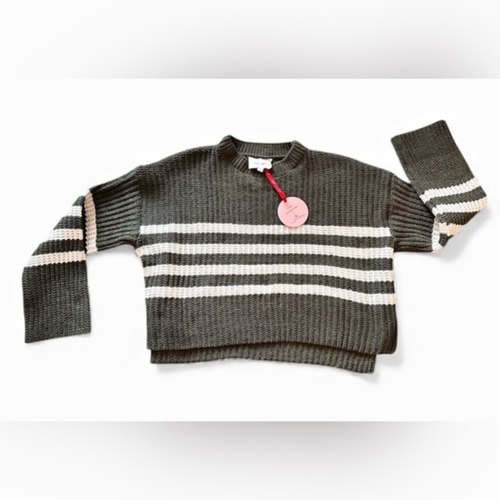 Large NWT pink rose ivory olive stripe crewneck pull over sweater boho preppy